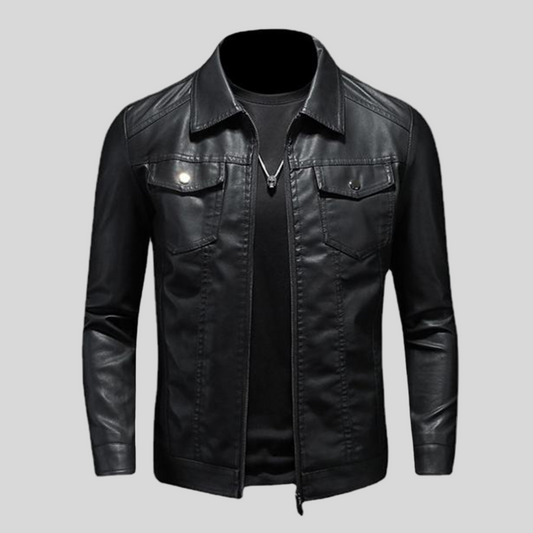 Men's Jacket Classic Black Leather Biker Jacket with Lapel Design 0