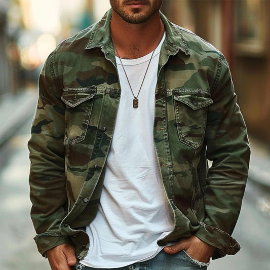 Men's Jacket Retro Camouflage Canvas Lapel Coat Durable Stylish 0
