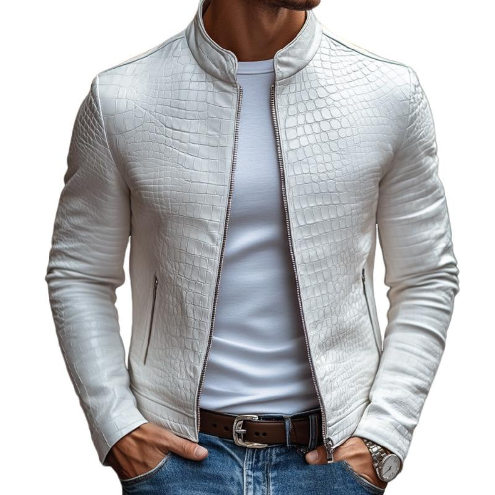 Men's Jacket Slim Fit Premium Leather Stone Pattern Zipper Closure 0