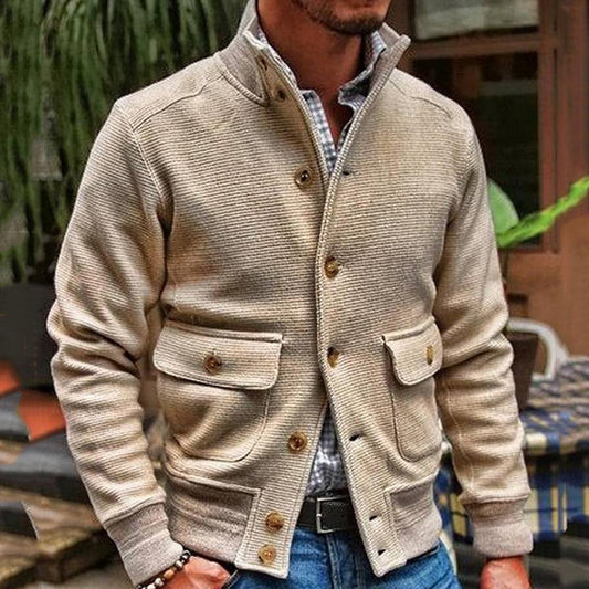 Men's Jacket Solid Color Stand Collar Polyester Casual Biker Wear 1