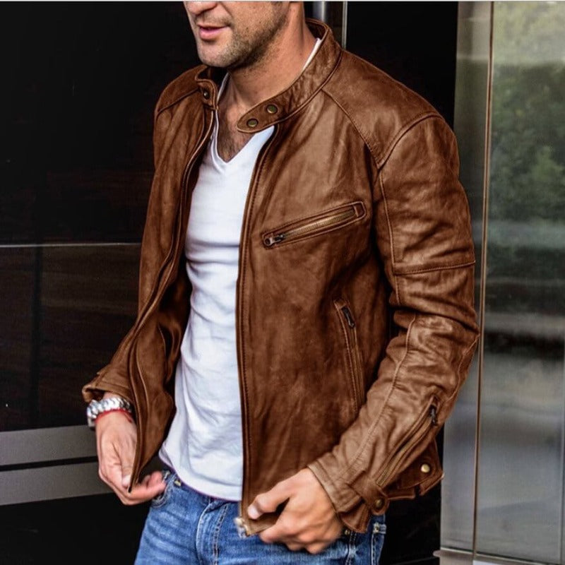 Men's Designer Leather Biker Jacket | Zip Details Slim Fit