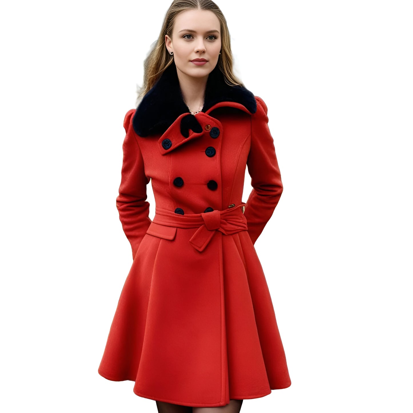 Women’s Wool Winter Coat | Double-Breasted Belted with Fur Collar