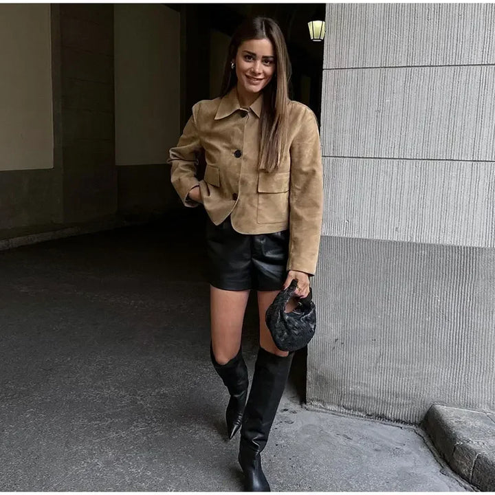 Women Suede Jacket | Short Tailored Button Style