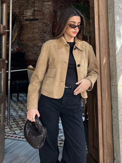 Women Suede Jacket | Short Tailored Button Style