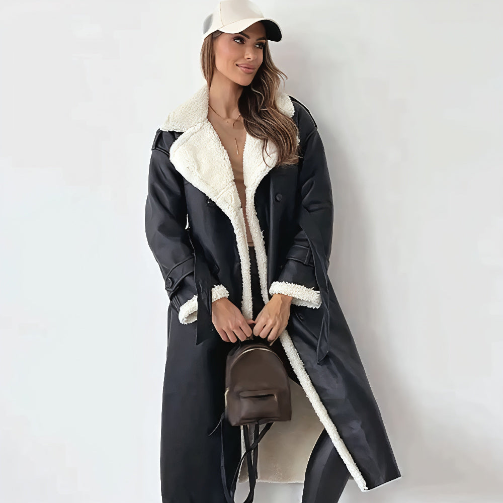 Women's Oversized Faux Shearling Trench Coat Warm Winter