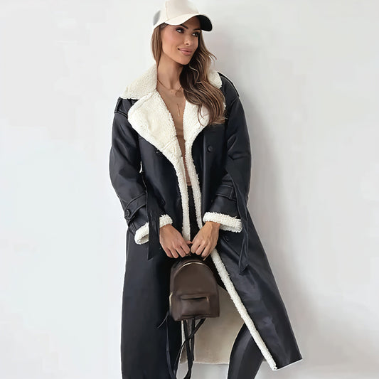 Women's Oversized Faux Shearling Trench Coat Warm Winter