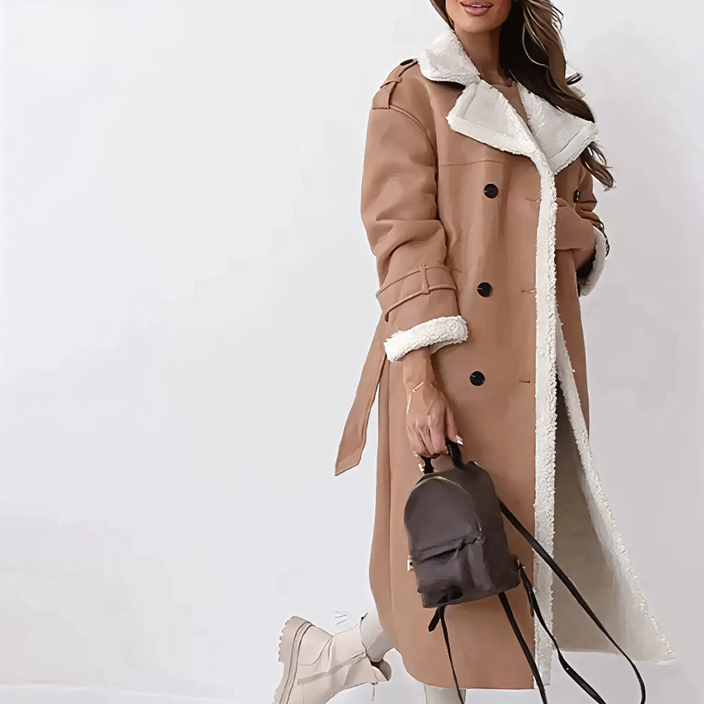 Women's Oversized Faux Shearling Trench Coat Warm Winter