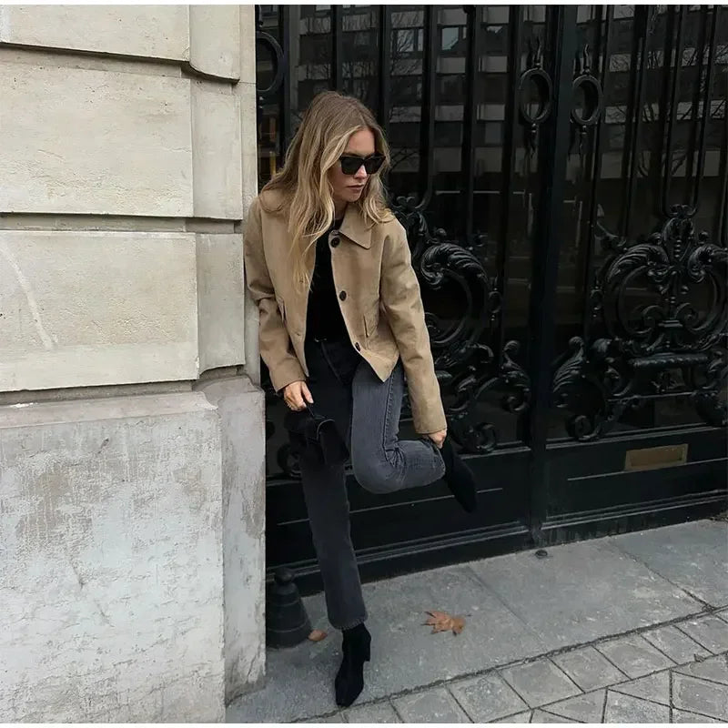 Women Suede Jacket | Short Tailored Button Style