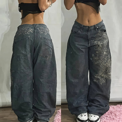 Women's Wide Leg Baggy Denim Jeans Vintage Relaxed Fit