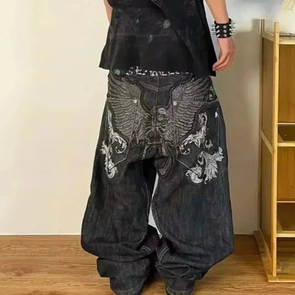 Wide Leg Pants Women Gothic Cross Wings Casual Loose Fit Cotton 23