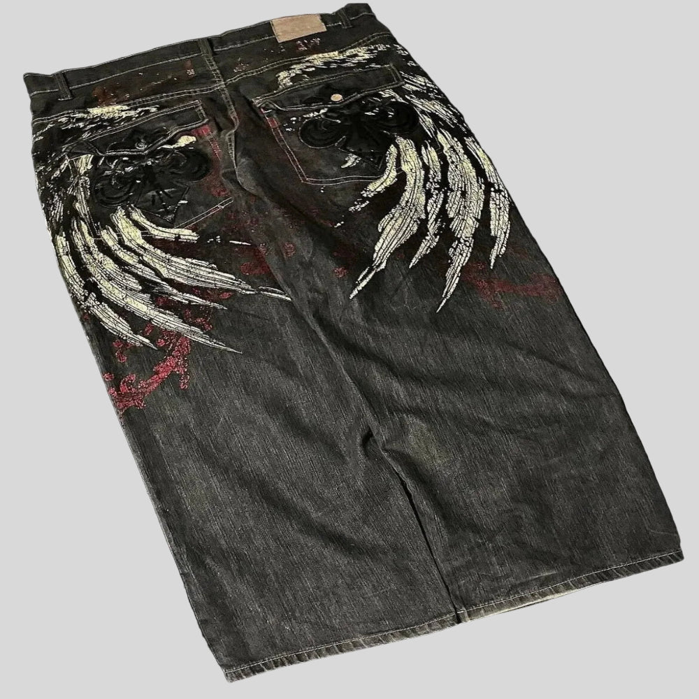 Wide Leg Pants Women Gothic Cross Wings Casual Loose Fit Cotton 5