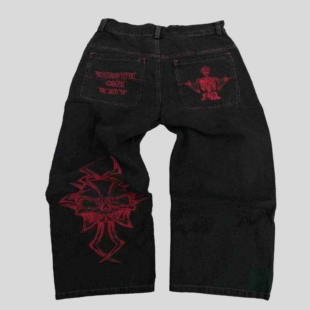 Wide Leg Pants Women Gothic Cross Wings Casual Loose Fit Cotton 8