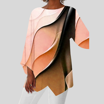 Women Asymmetric Flowy Tunic Top Abstract Print Three Quarter Sleeve