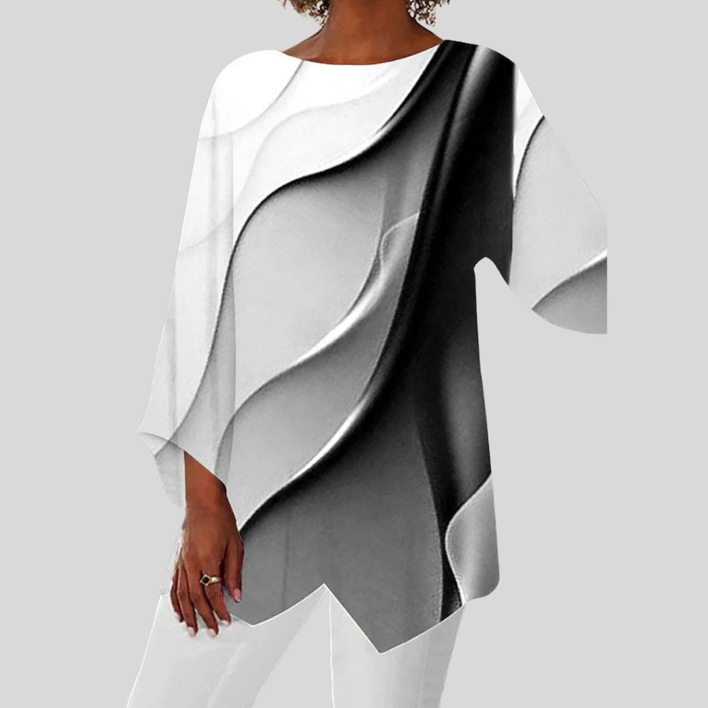 Women Asymmetric Flowy Tunic Top Abstract Print Three Quarter Sleeve