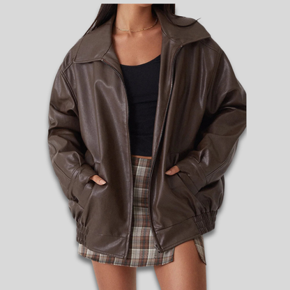 Women's Faux Leather Bomber Jacket Zip Up Streetwear