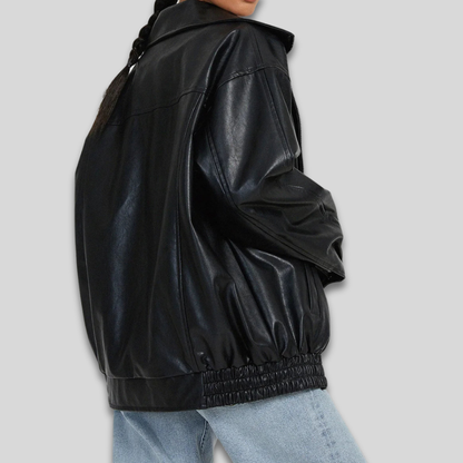 Women's Faux Leather Bomber Jacket Zip Up Streetwear