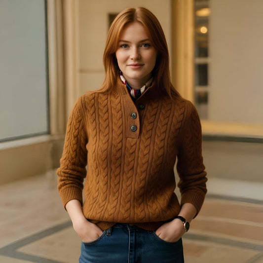 Women's Cashmere Sweater Cable Knit Long Sleeve Adjustable Neck 0