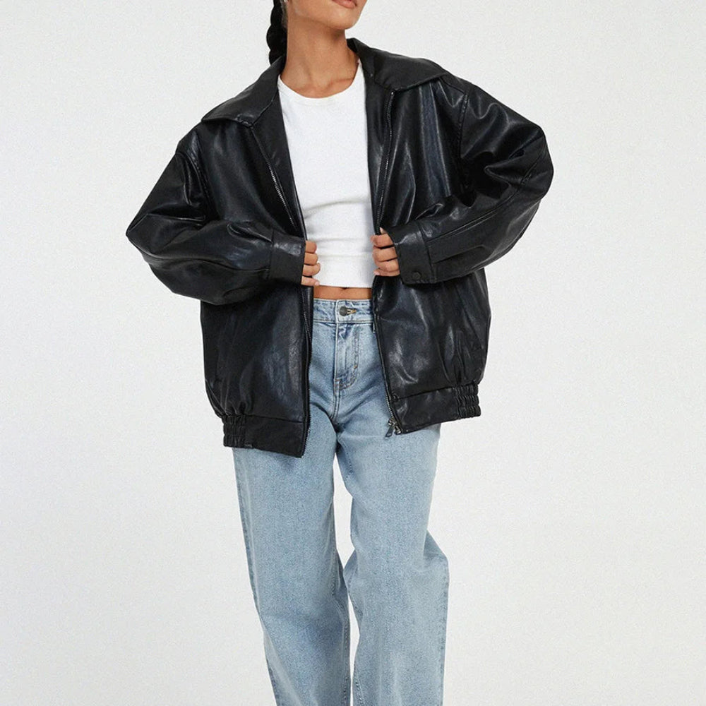 Women's Jacket Oversized Leather Bomber with Zipper Front 1