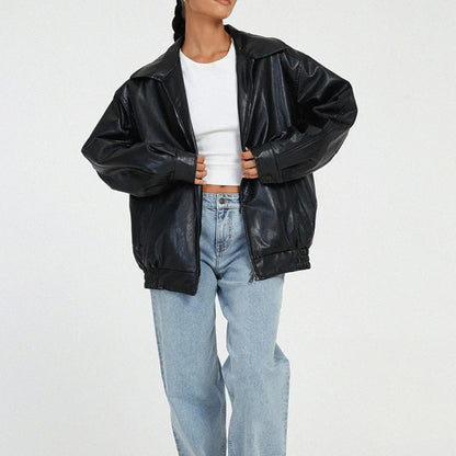 Women's Jacket Oversized Leather Bomber with Zipper Front 1