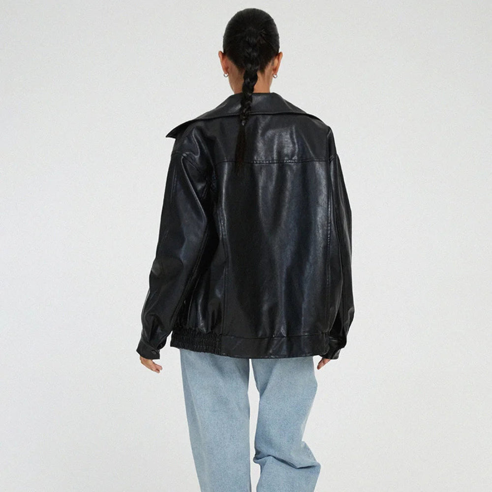 Women's Jacket Oversized Leather Bomber with Zipper Front 3