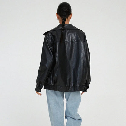 Women's Jacket Oversized Leather Bomber with Zipper Front 3