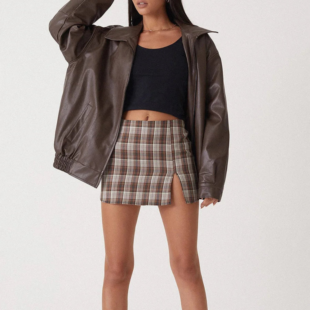 Women's Jacket Oversized Leather Bomber with Zipper Front 4