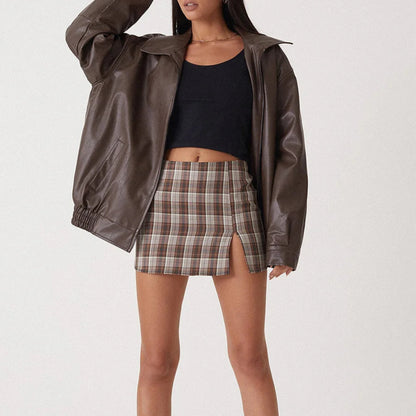 Women's Jacket Oversized Leather Bomber with Zipper Front 4