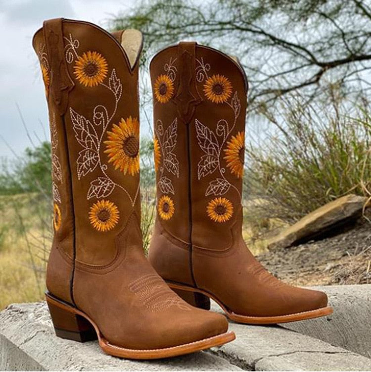 Women's Knee High Cowgirl Boots | Heeled Western Embroidered-Levorel