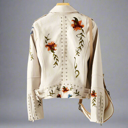 Women's Leather Biker Jacket | Embroidered Zippered-Levorel