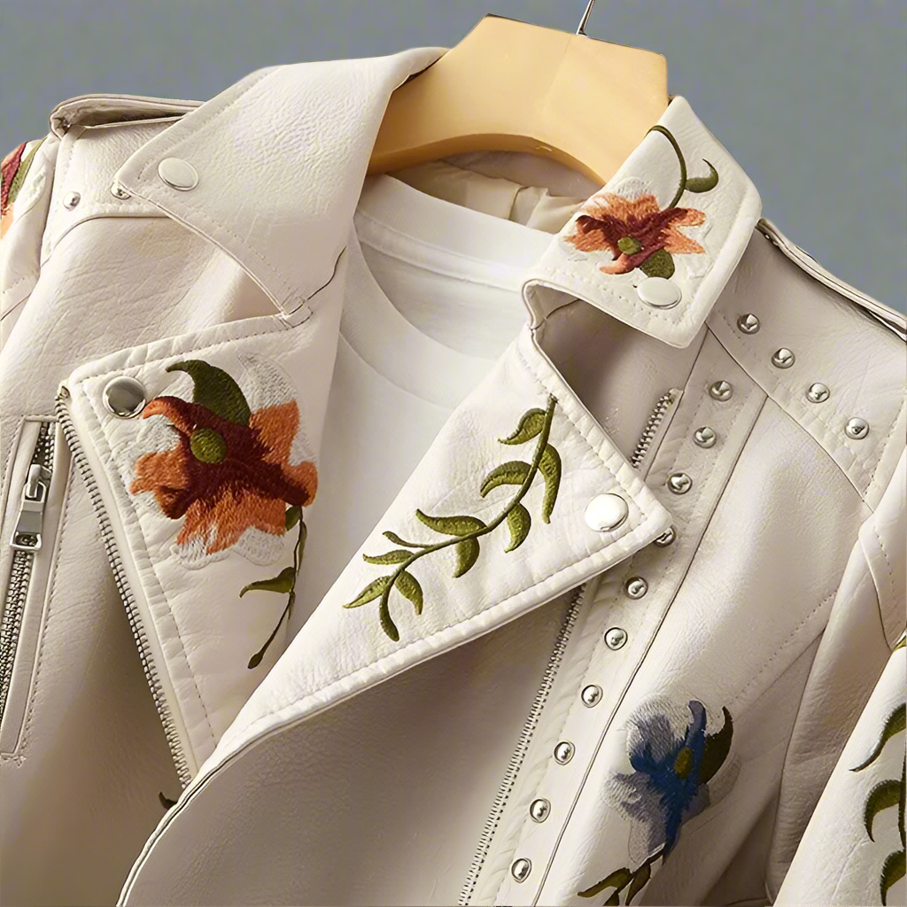 Women's Leather Biker Jacket | Embroidered Zippered-Levorel