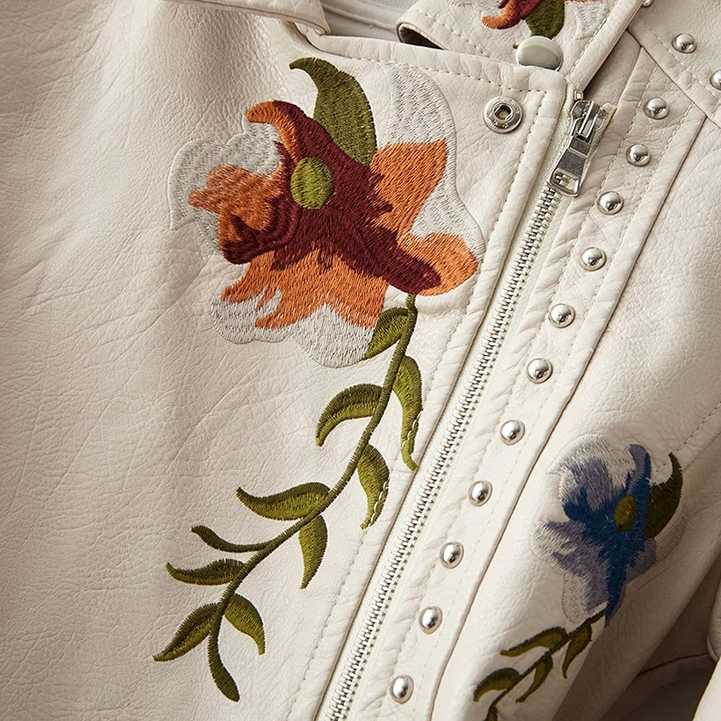 Women's Leather Biker Jacket | Embroidered Zippered-Levorel