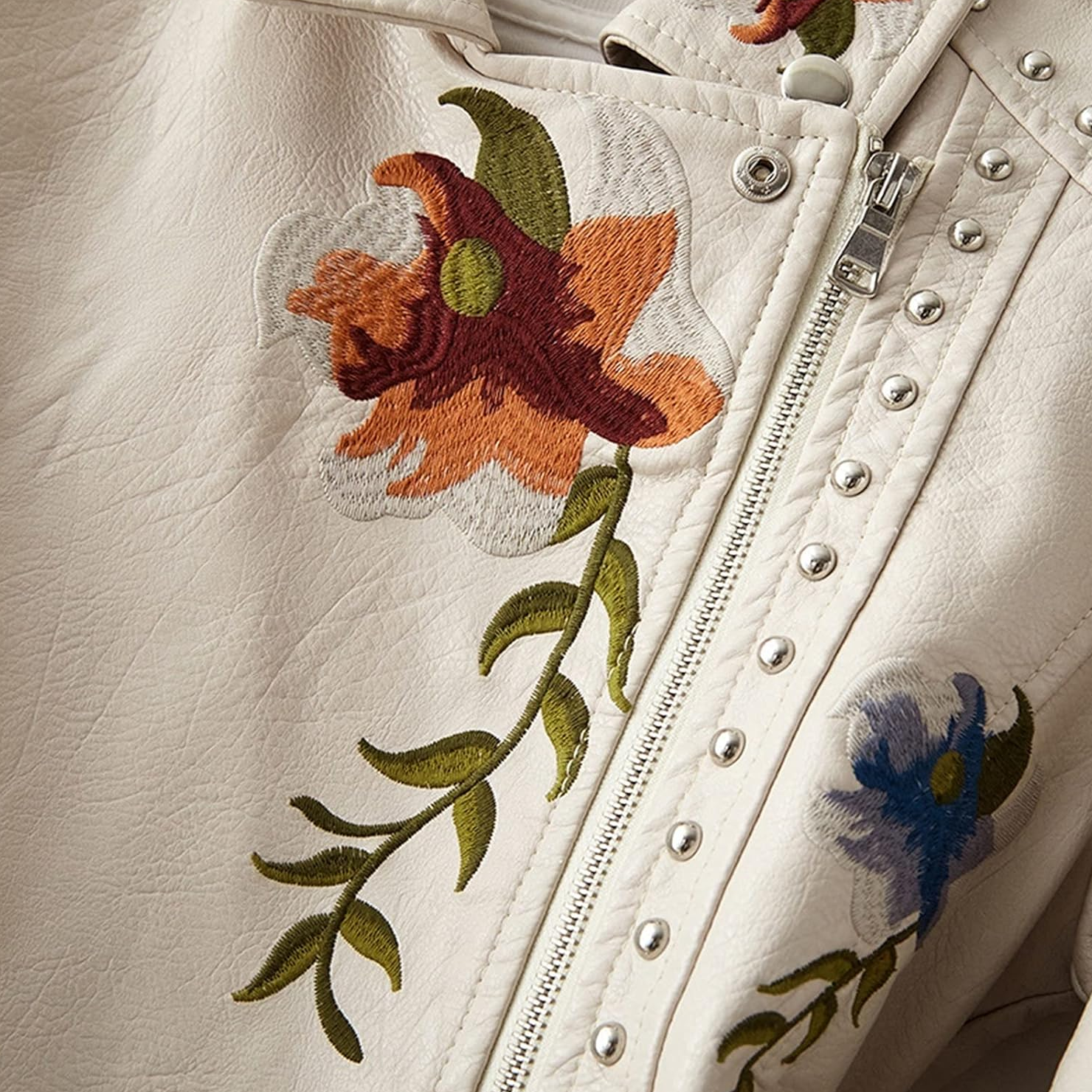 Women's Leather Biker Jacket | Embroidered Zippered-Levorel