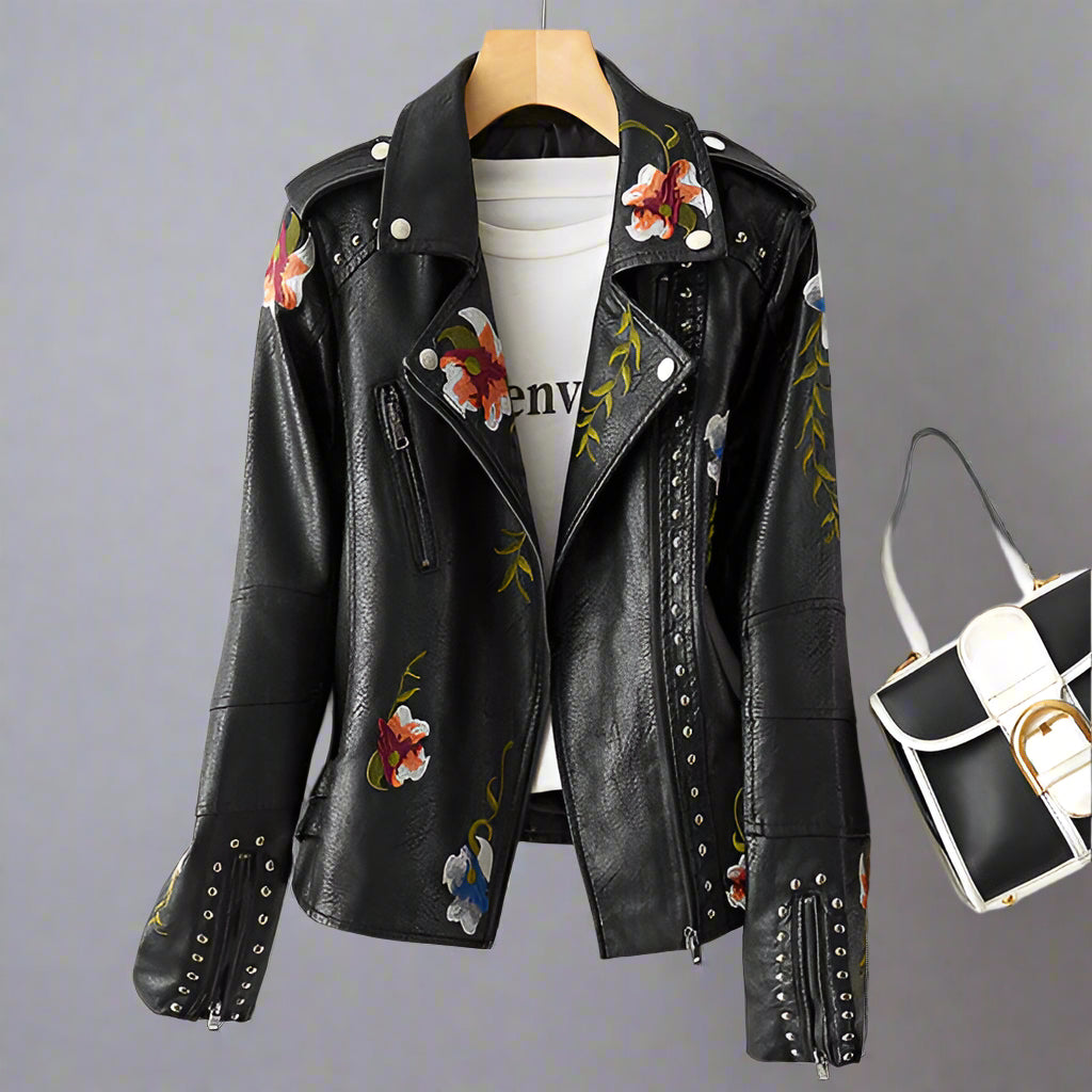 Women's Leather Biker Jacket | Embroidered Zippered-Levorel