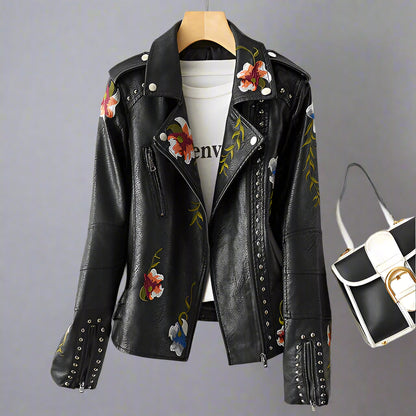 Women's Leather Biker Jacket | Embroidered Zippered-Levorel