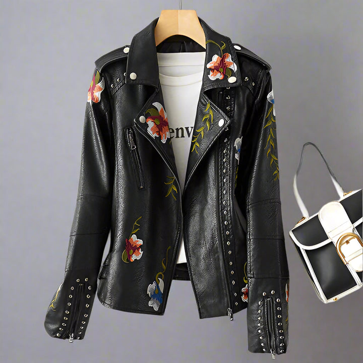 Women's Leather Biker Jacket | Embroidered Zippered-Levorel
