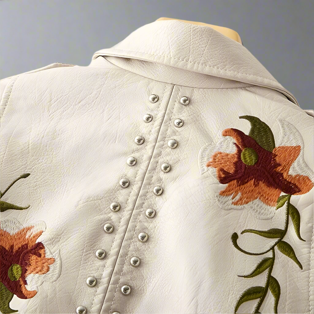 Women's Leather Biker Jacket | Embroidered Zippered-Levorel