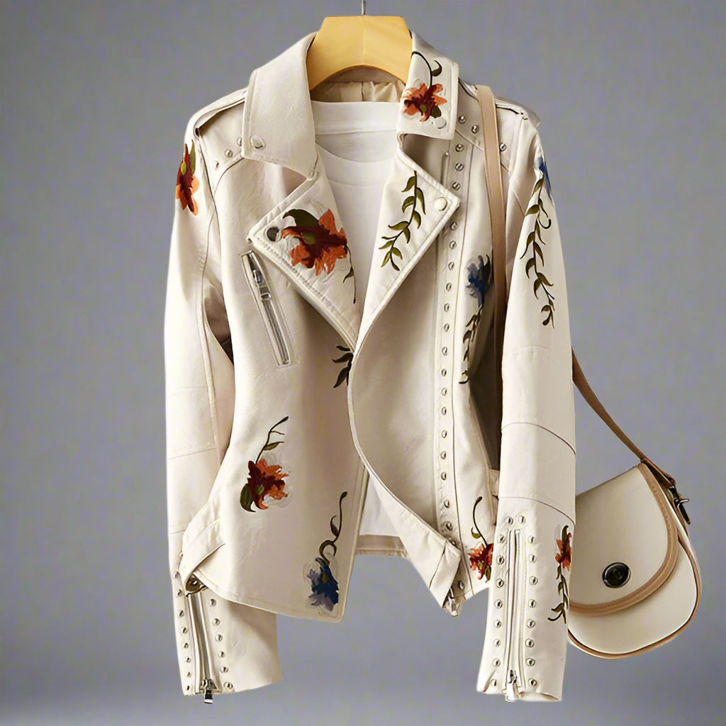 Women's Leather Biker Jacket | Embroidered Zippered-Levorel