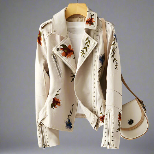 Women's Leather Biker Jacket | Embroidered Zippered-Levorel