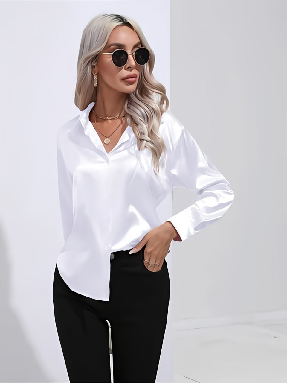 Women's Satin Button-Up Blouse | Long Sleeve Casual Fit