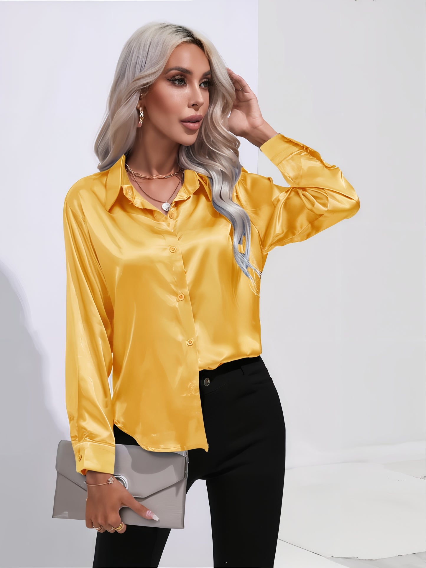Women's Satin Button-Up Blouse | Long Sleeve Casual Fit