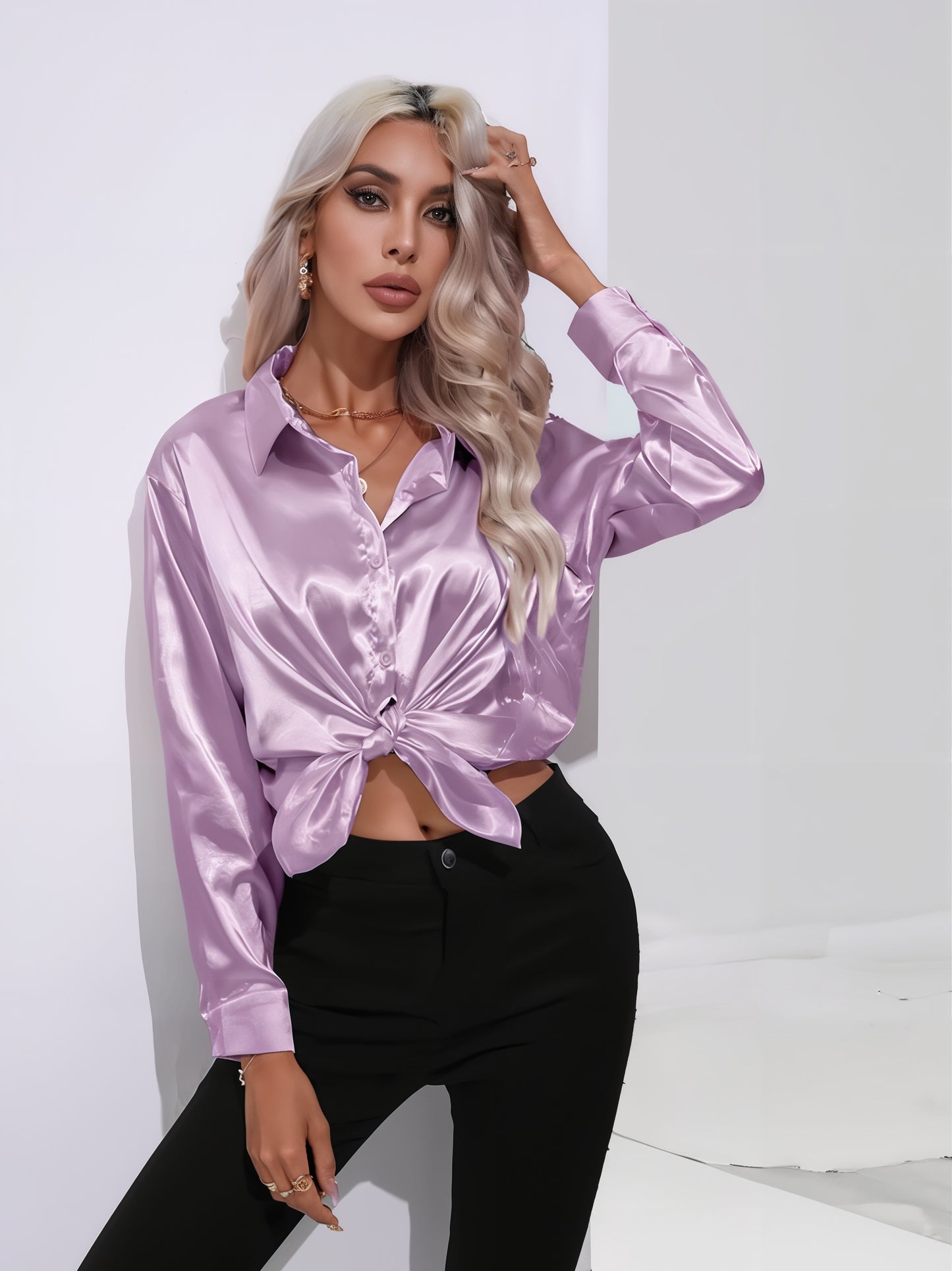 Women's Satin Button-Up Blouse | Long Sleeve Casual Fit