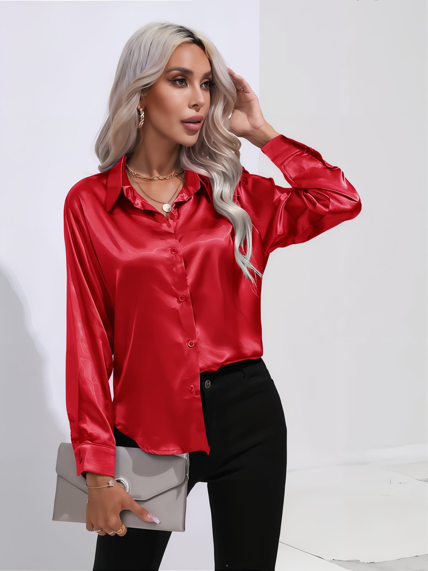 Women's Satin Button-Up Blouse | Long Sleeve Casual Fit