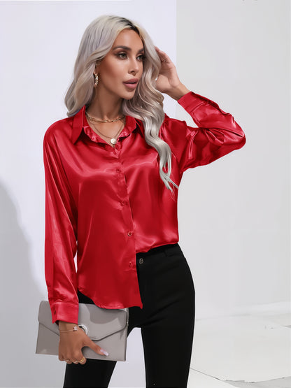 Women's Satin Button-Up Blouse | Long Sleeve Casual Fit