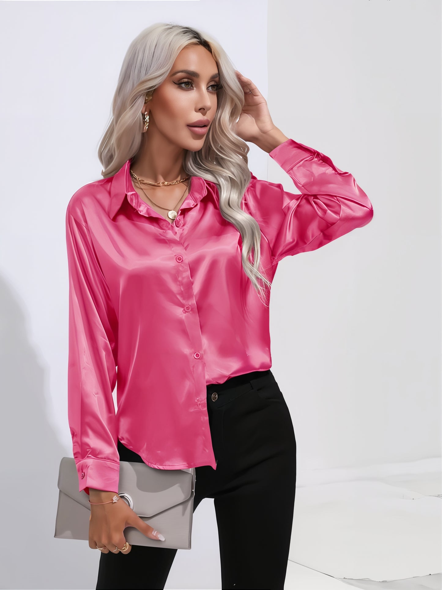 Women's Satin Button-Up Blouse | Long Sleeve Casual Fit