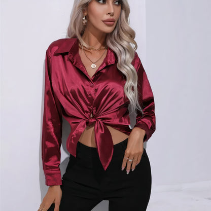 Women's Satin Button-Up Blouse | Long Sleeve Casual Fit