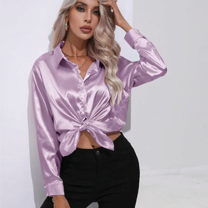 Women's Satin Button-Up Blouse | Long Sleeve Casual Fit