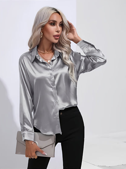 Women's Satin Button-Up Blouse | Long Sleeve Casual Fit