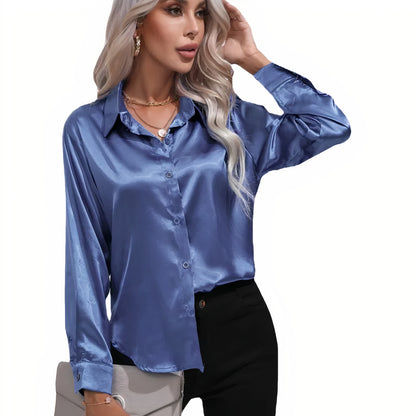 Women's Satin Button-Up Blouse | Long Sleeve Casual Fit