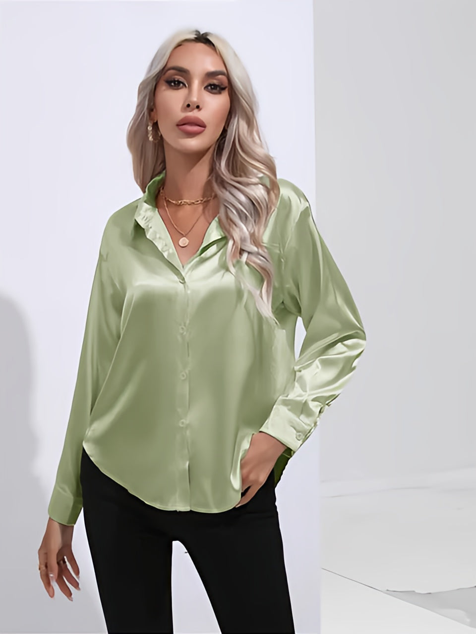 Women's Satin Button-Up Blouse | Long Sleeve Casual Fit