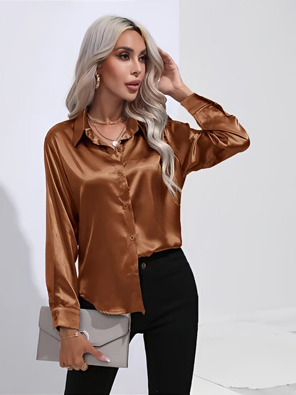 Women's Satin Button-Up Blouse | Long Sleeve Casual Fit